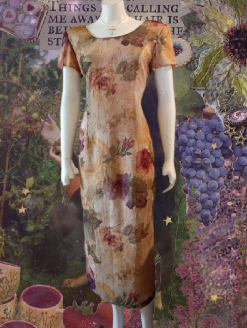 VTG 80s 90s Tauras II Tan & Multi Color Floral Pattern Crinkle Style Maxi Dress